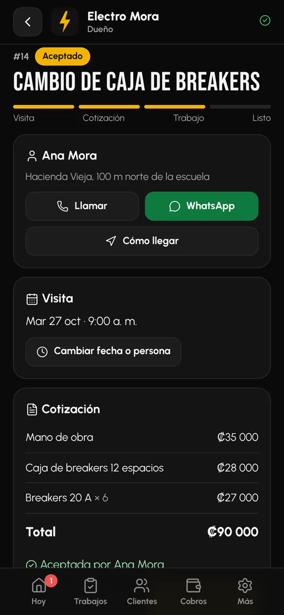 Orden de trabajo con cliente, visita y cotización